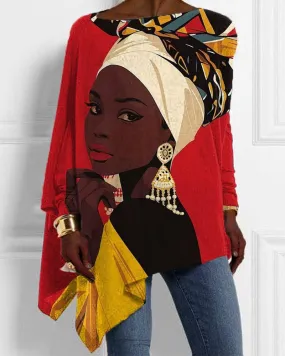 Black Ethnic Style Girl Oil Print Irregular Ladies Top