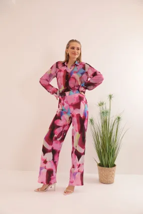 KKT Satin Fabric Watercolor Effect Floral Pattern Women's Trousers-Fuchia - Wakefield