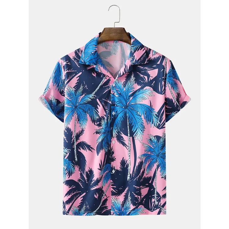 Men's Holiday Coconut Tree Print Short Sleeve Shirt Hawaiian Beach Simple Cardigan