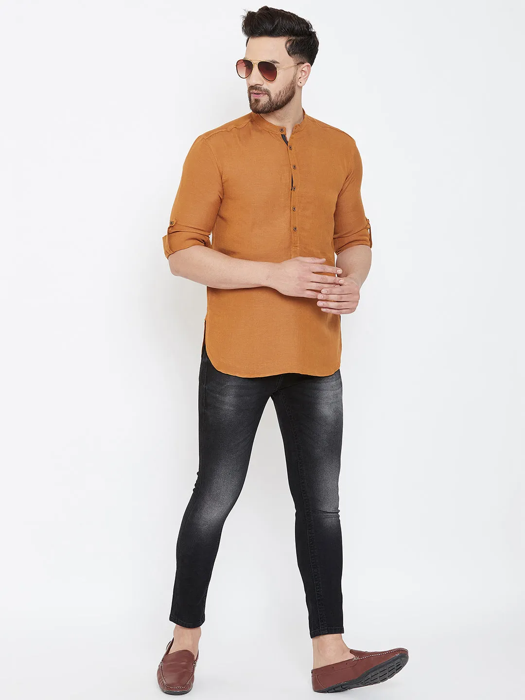 Men's Orange Linen Shirt Kurta - Even Apparels