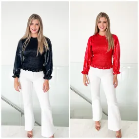 METALLIC PLEATHER SMOCKED BODICE TOP