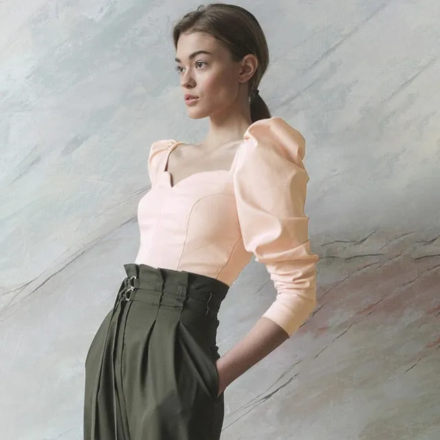 Vintage Style Collar Women Puff Sleeve Shirt