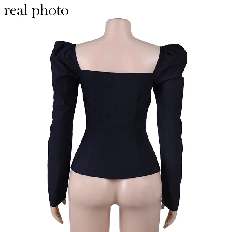 Vintage Style Collar Women Puff Sleeve Shirt