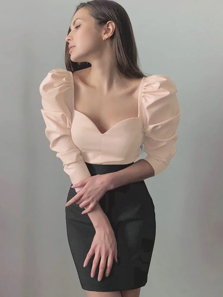 Vintage Style Collar Women Puff Sleeve Shirt