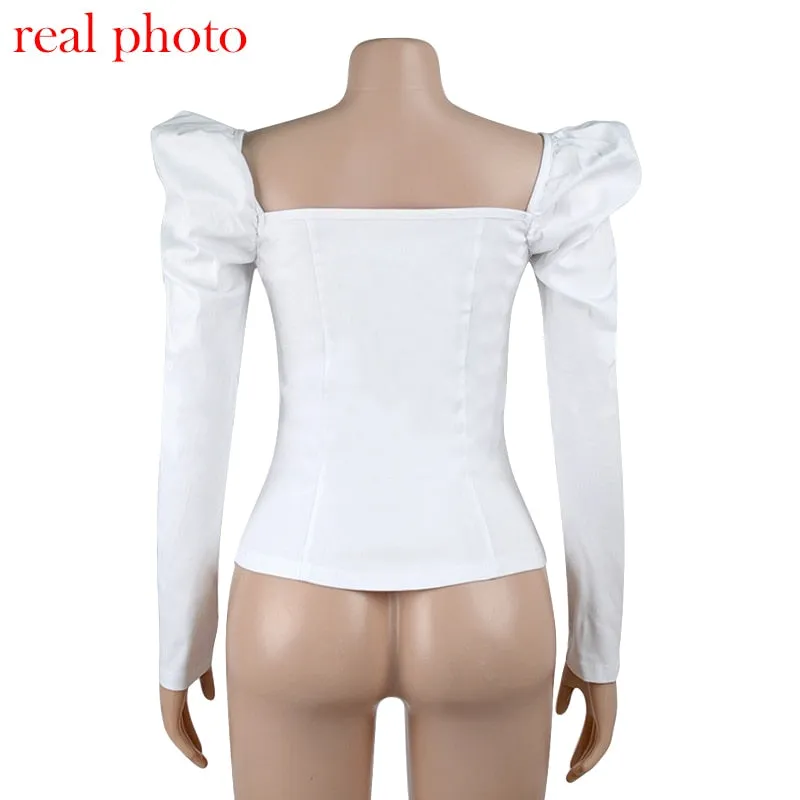 Vintage Style Collar Women Puff Sleeve Shirt