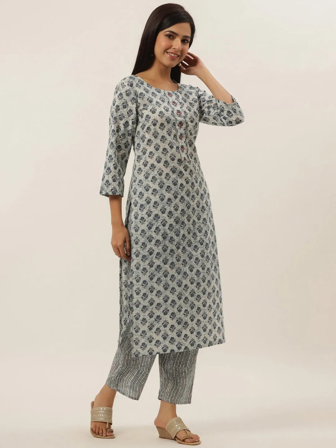 White Printed Cotton Kurta Set